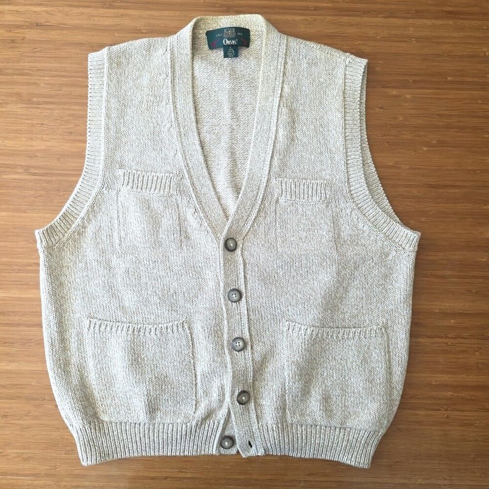 Orvis Cotton Sweater Vest Mens Large Button Up Knit V Neck with Pockets